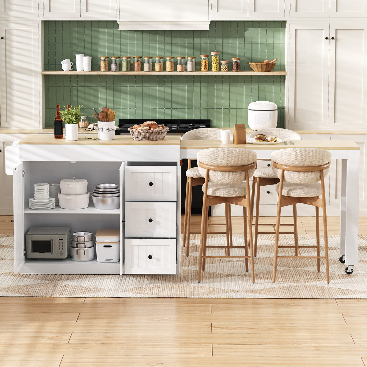 Kitchen Island On Wheels, Extendable Dining Area Kitchen Island With Spice Rack And Drawers, Mobile Kitchen Island Freestanding, Ideal For Kitchen And Dining Room White