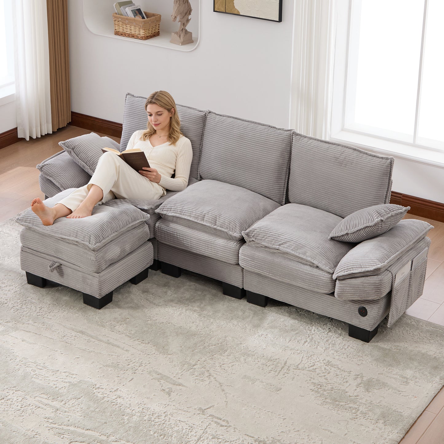 Modular 3-seater Corduroy Sofa With 1 Stool Wide Seat, Ergonomic Design, High-density Foam Padding, USB-C Port And Side Pockets.Ideal For Living Room, Office Or Lounge.Light Grey
