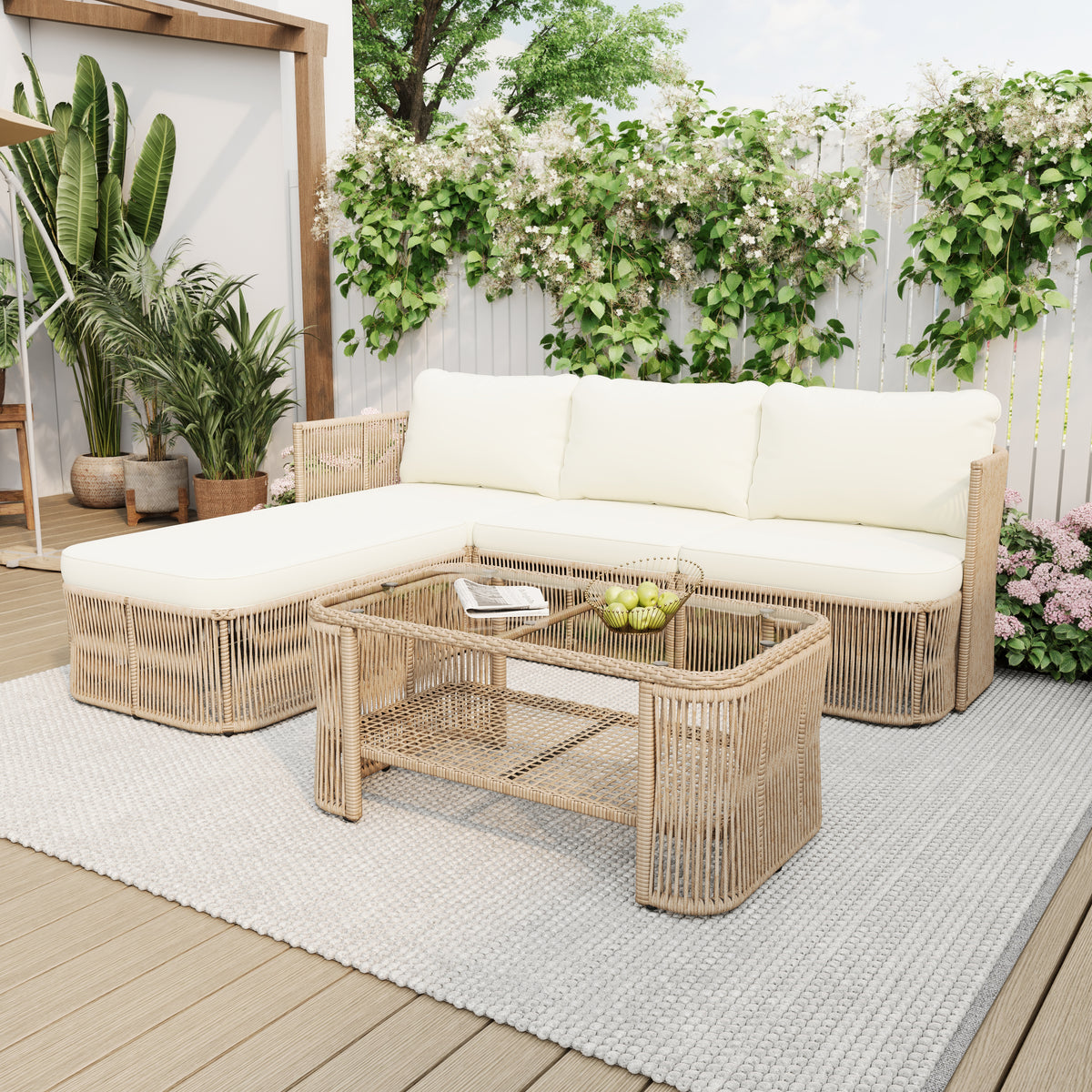 Outdoor PE Rattan Patio Furniture Set With Iron Frame, Dark Beige Wicker Conversation Sofa