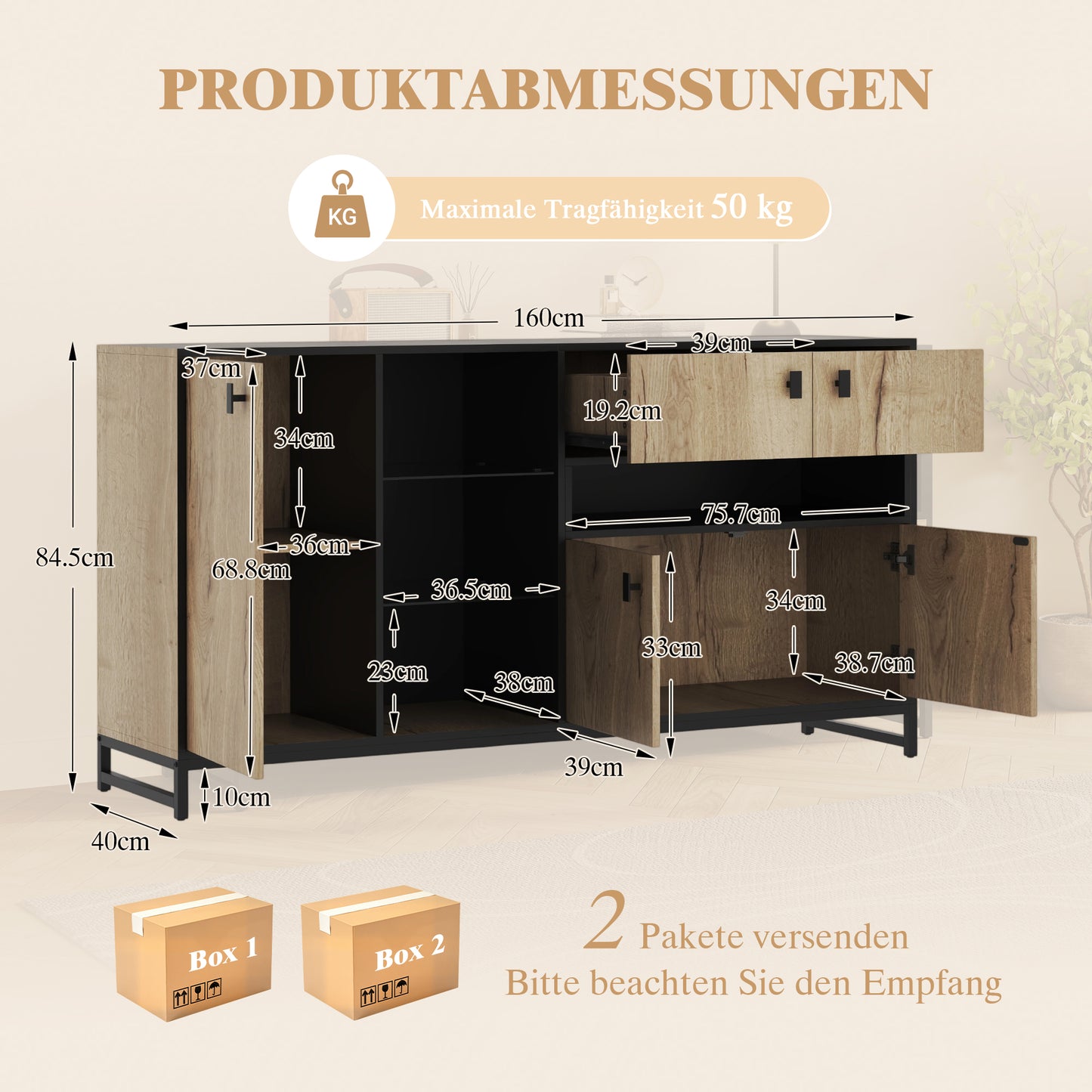 Modern Minimalist Storage Cabinet With Double Doors, Open Shelf, Glass Shelves And Adjustable Interior Dividers Versatile Storage Solution For Living Room, Dining Room And Office.
