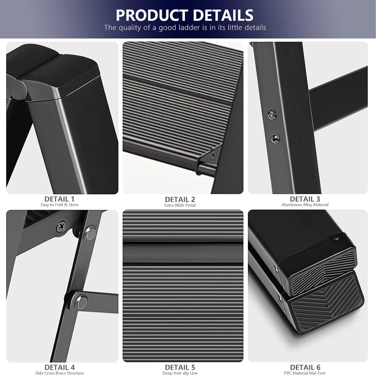 3 Step Ladder, Folding Ladder Stool, Wider Upgraded Non-Slip Treads, Portable Lightweight Ladder For Home And Kitchen, Holds Up To 330 Lbs.black