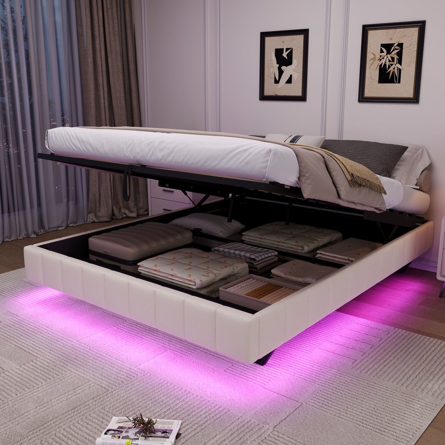 4ft6 Double Floating Bed Frame With Hydraulic Under-bed Storage & Smart RGB LED Lights, No Headboard Upholstered Bed With Concealed Anti-Collision Leg, Linen Fabric, Beige No Mattress