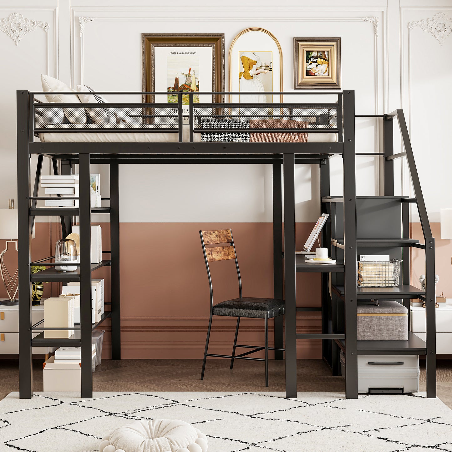 Loft Bed 140X200cm, Three-layer Storage Shelf, Desk, Wardrobe, Security Steps With Storage Compartment, High Fence Design, Iron Bed, Single Bed, Black