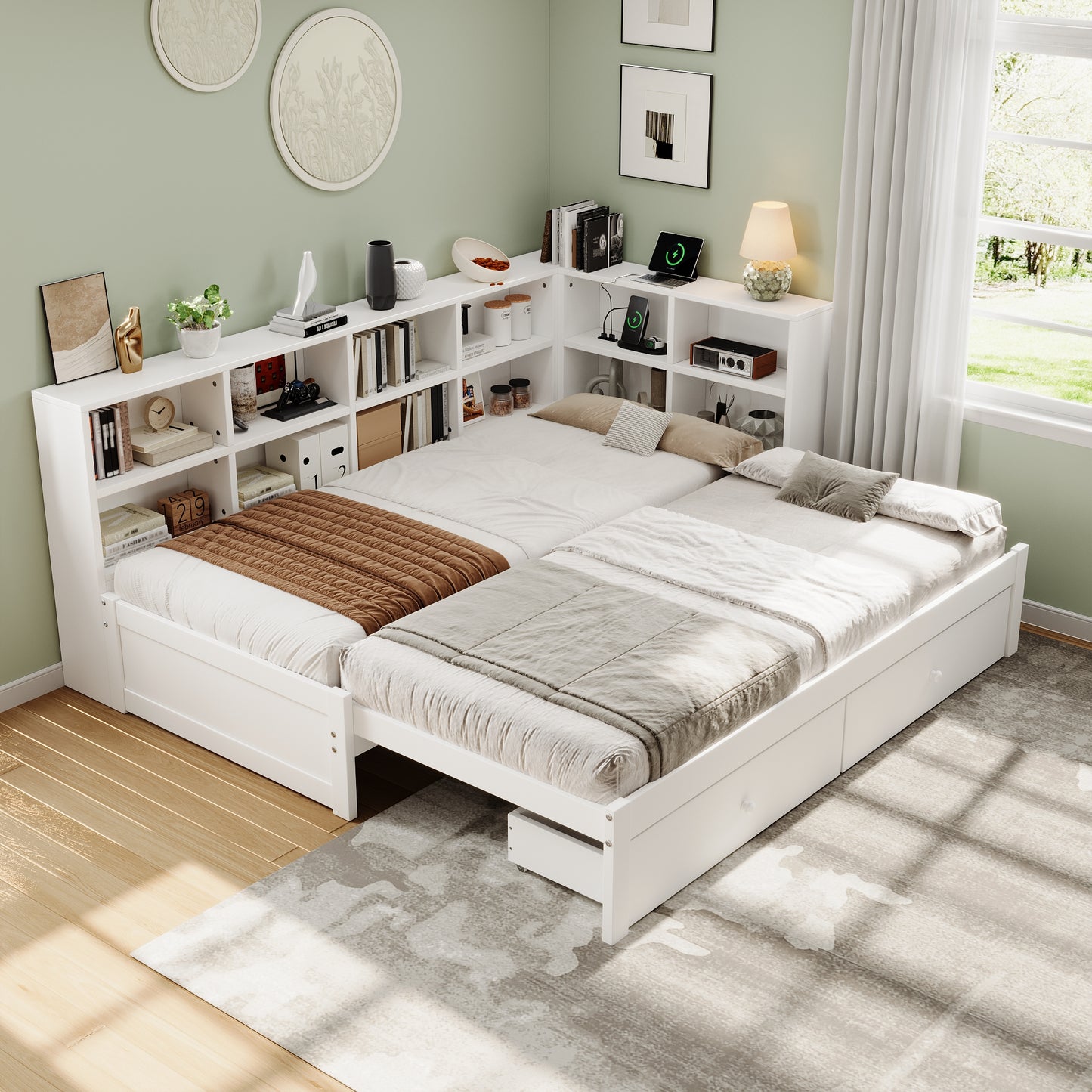 3ft Single Daybed With Two Storage Drawers And Beside Storage, Modern Pull-out Trundle Bed With Charging Station, Wood Bed For Living Room Bedroom Study Room, 90X190cm, White No Mattress
