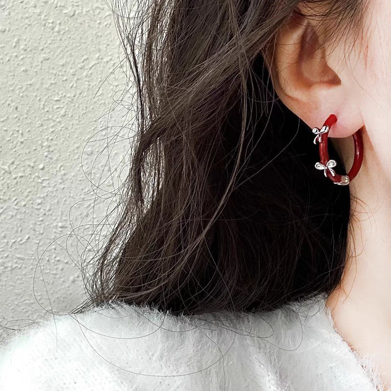 1 Pair 999 Sterling Silver Wine Red Enamel Butterfly Hoop Earrings, Retro & Elegant, Perfect For Daily, Dating & Festivals, Ideal Valentine's Gift