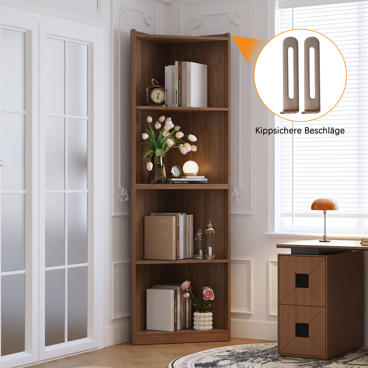 Corner Shelf Corner Bookcase 55x32x180 Cm, High Standing Shelf Made Of MDF In Walnut Look, With Tilt Protection, Space-saving Corner Tall Cabinet For Living Room & Kitchen Showcase, Bookcase