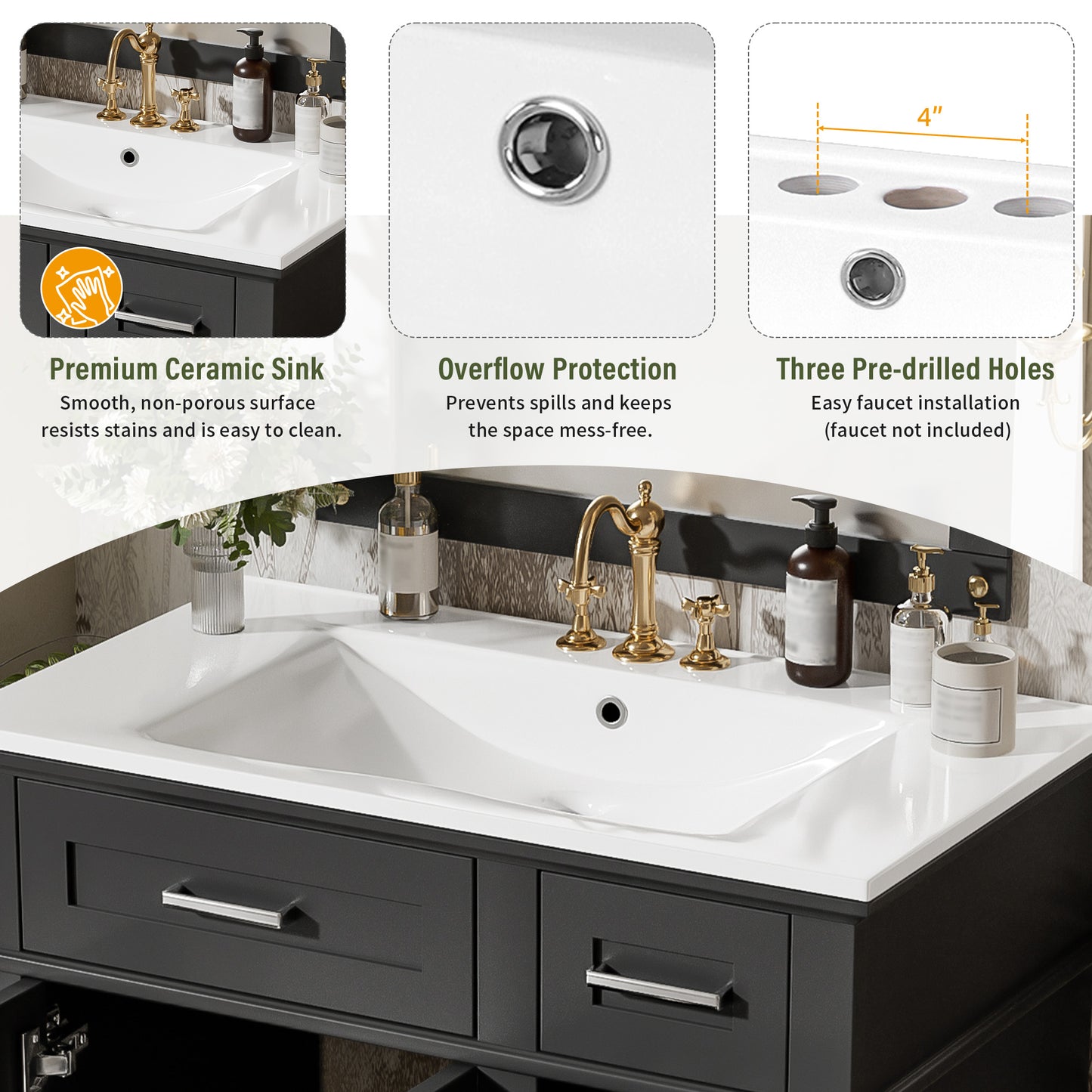 30 Bathroom Vanity With Ceramic Sink, Modern Storage Cabinet With Soft-Close Doors, Deep Drawer & Standard Drawer, Stylish Bath Vanity For Small Bathrooms