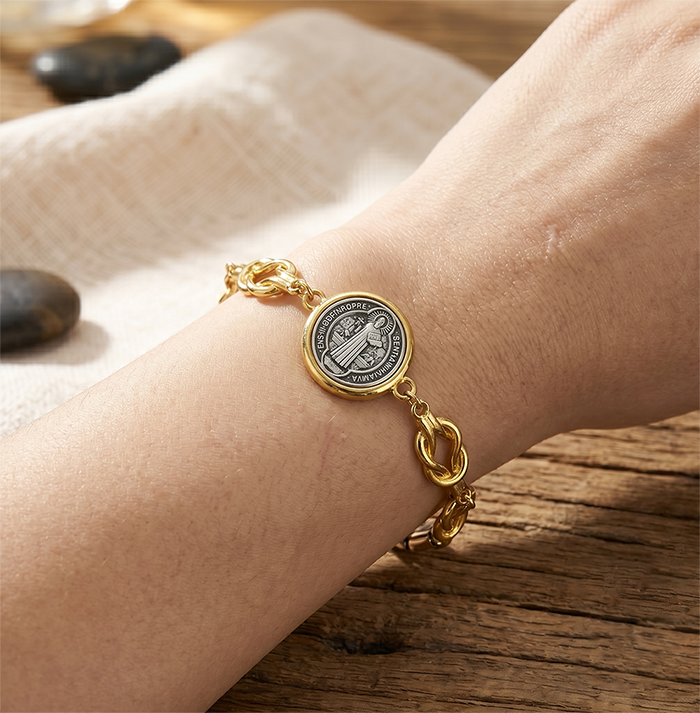 St Benedict Medal Bracelet For Women Men, Stainless Steel Knot Chain San Benito Coin Charm Bracelet, Religious Protection Jewelry Gift