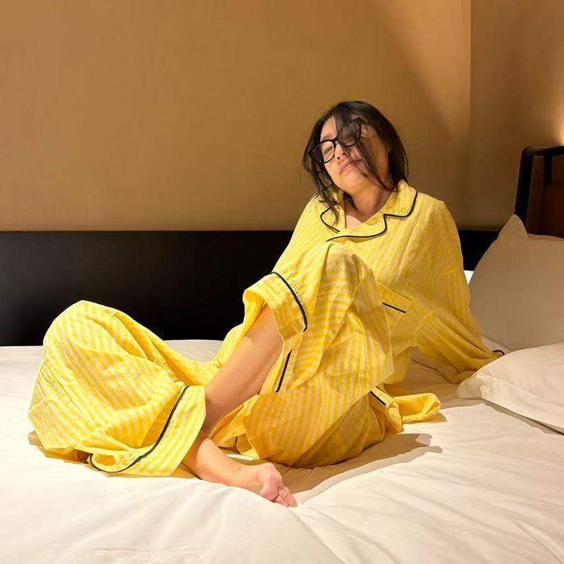 Striped Long-sleeved Pajamas Women's Long-pants Set For Home Use