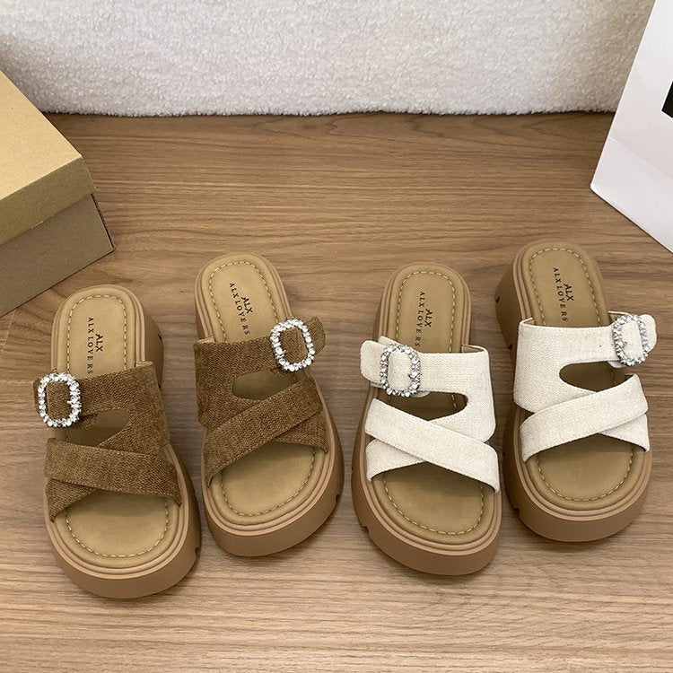 Thick Soled Sandals For Women In Summer, Retro Boken One Line Drag, Sponge Cake Beach Sandals For Outdoor Wear