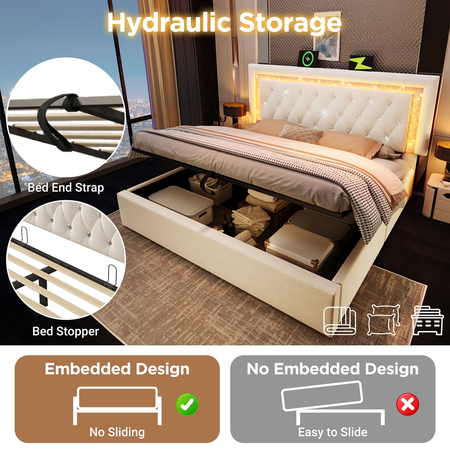Upholstered Bed 150 X 200 Cm With LED Lighting, USB Type-C Charging, 5ft Hydraulic Storage Bed With Adjustable Diamond Tufted Headboard, Velvet, Beige No Mattress