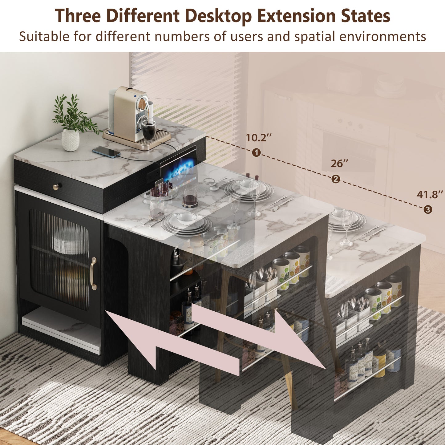 K&K 59.5 Kitchen Island With Extendable Dining Table, Kitchen Storage Table With Double-sided Storage, Kitchen Island With 2 Drawers, Power Outlet, Side Open Shelves, For Kitchen, Dining Room, Black