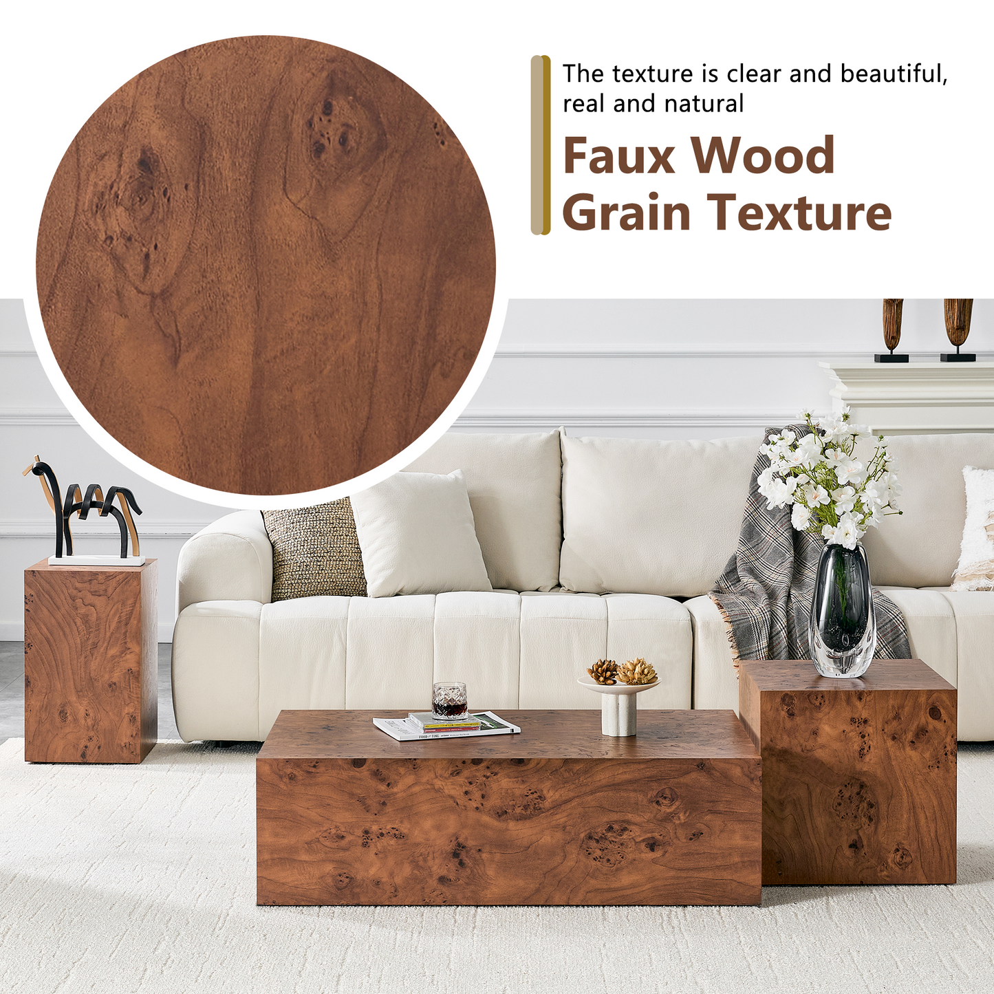 Premium Burl Walnut Veneer MDF Cube Table, Height Adjustable Multi-purpose Coffee Side End Table For Living Room, 11.8 X11.8 X19.7 , No Extra Items Included