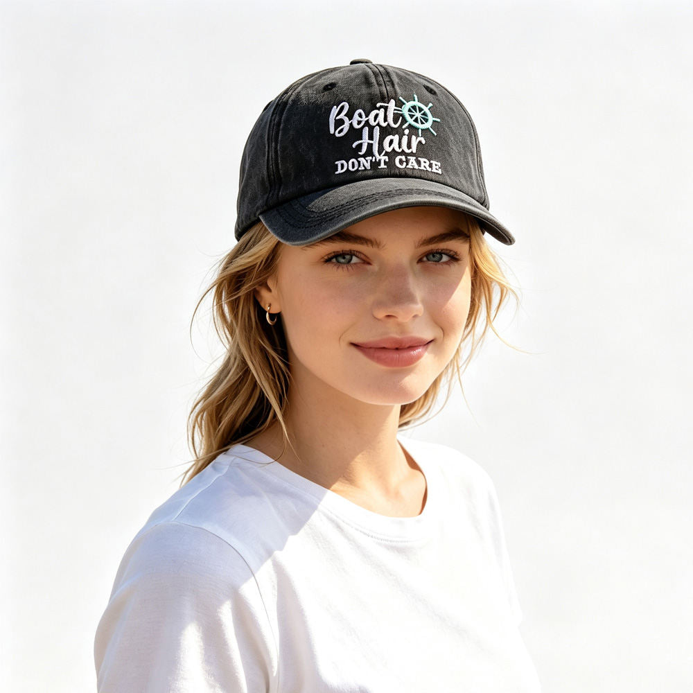 Boat Hair Don't Care Embroidered Baseball Cap, Vintage Washed Distressed Cotton Hat With Ship Wheel Embroidery For Women Boating Fishing Beach