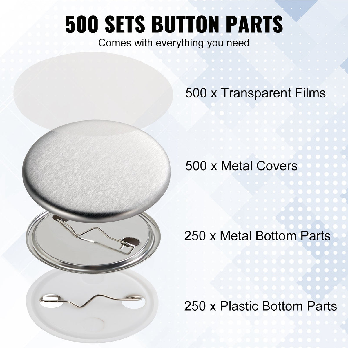 500 Sets 1.25 Inch 32mm Pin Back Button Parts, DIY Round Button Badge Parts, Set Includes Metal Top, Plastic/Metal Button, Clear Film, And Blank Paper For Gifts Presents, Machine NOT Included