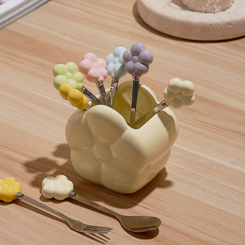 Creative SUNFLOWER Stainless Steel Fruit Fork Ceramic Storage Tank Kitchen Gadgets