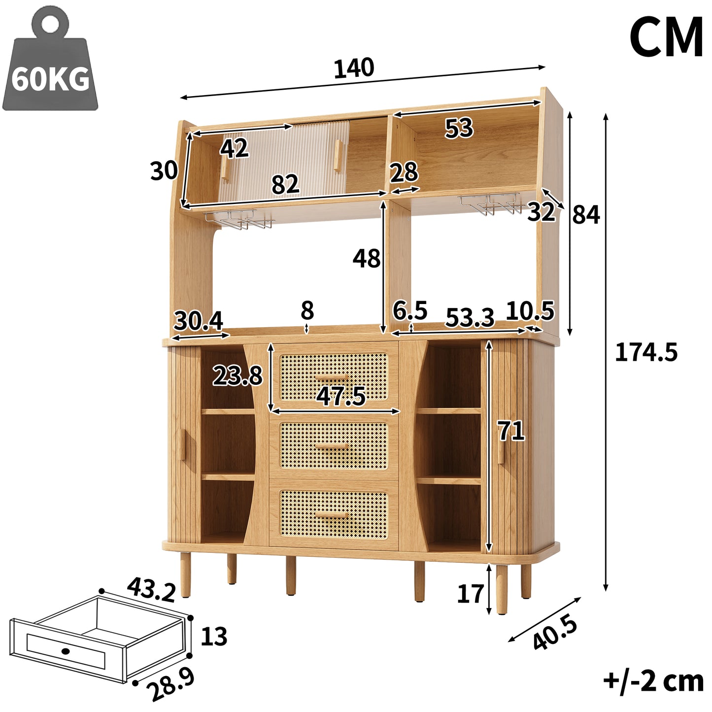 High-quality Sideboard With Rattan Look And Glass Sliding Doors, 174.5 Cm High Kitchen Cabinet With Storage Space, Natural Wood Walnut Look