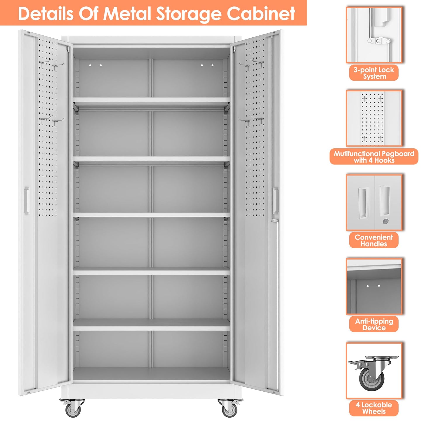 Aobabo Metal Storage Cabinet With Wheels, Steel Locking Cabinet With Pegboard Doors, Garage Cabinet For Office Pantry, 5 Adjustable Shelves White