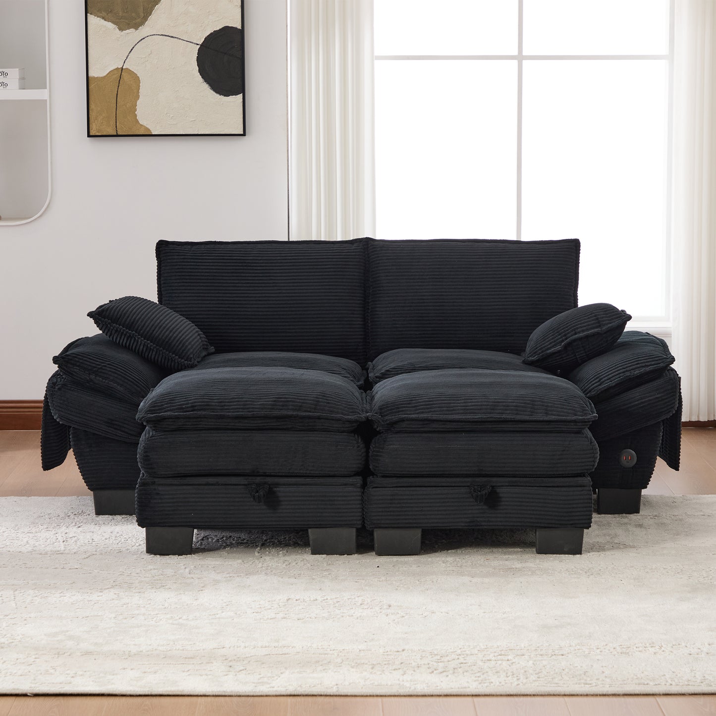 Modular 2-seater Corduroy Sofa With 2 Stools Wide Seat, Ergonomic Design, High-density Foam Padding, USB-C Port And Side Pockets. Ideal For The Living Room, Office Or Lounge.Black