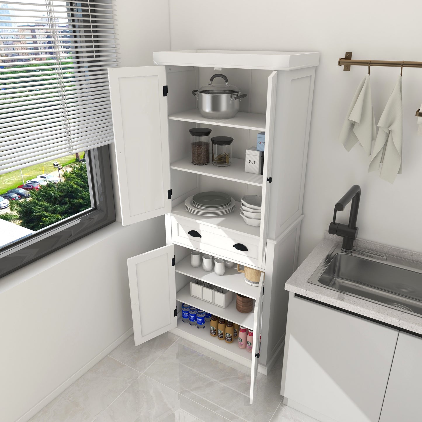71 Kitchen Pantry Storage Cabinet , With 4 Doors, Drawer, 2 Adjustable Shelves, Freestanding Cupboard For Dining Room Living Room, Laundry-White