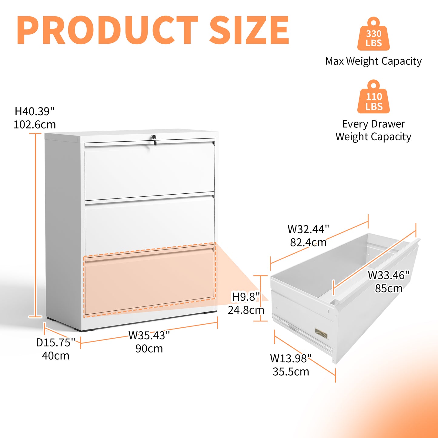 Lateral File Cabinet 3 Drawer, White Filing Cabinet With Lock, Lockable File Cabinet For Home Office, Locking Metal File Cabinet For Legal Letter A4 F4 Size