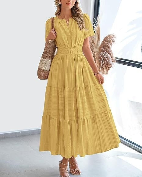 Spring Summer New Arrival Women's Dress, Fashion V-Neck Ruched Puff Sleeve Tiered Swing Dress