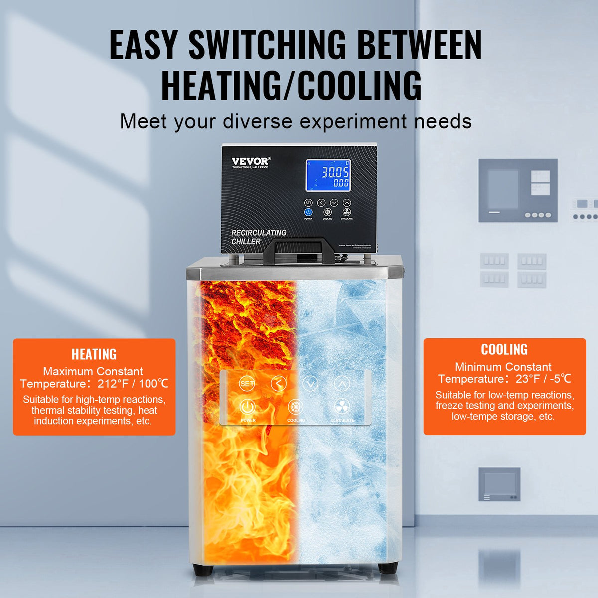 Laboratory Chiller Circulator, 6L Chiller Lab Low Temperature Cooling Liquid, 23°F-212°F Circulator Pump Chiller, LCD Display, 304 Stainless Steel Water Bath Recirculating Water Cooling Chiller