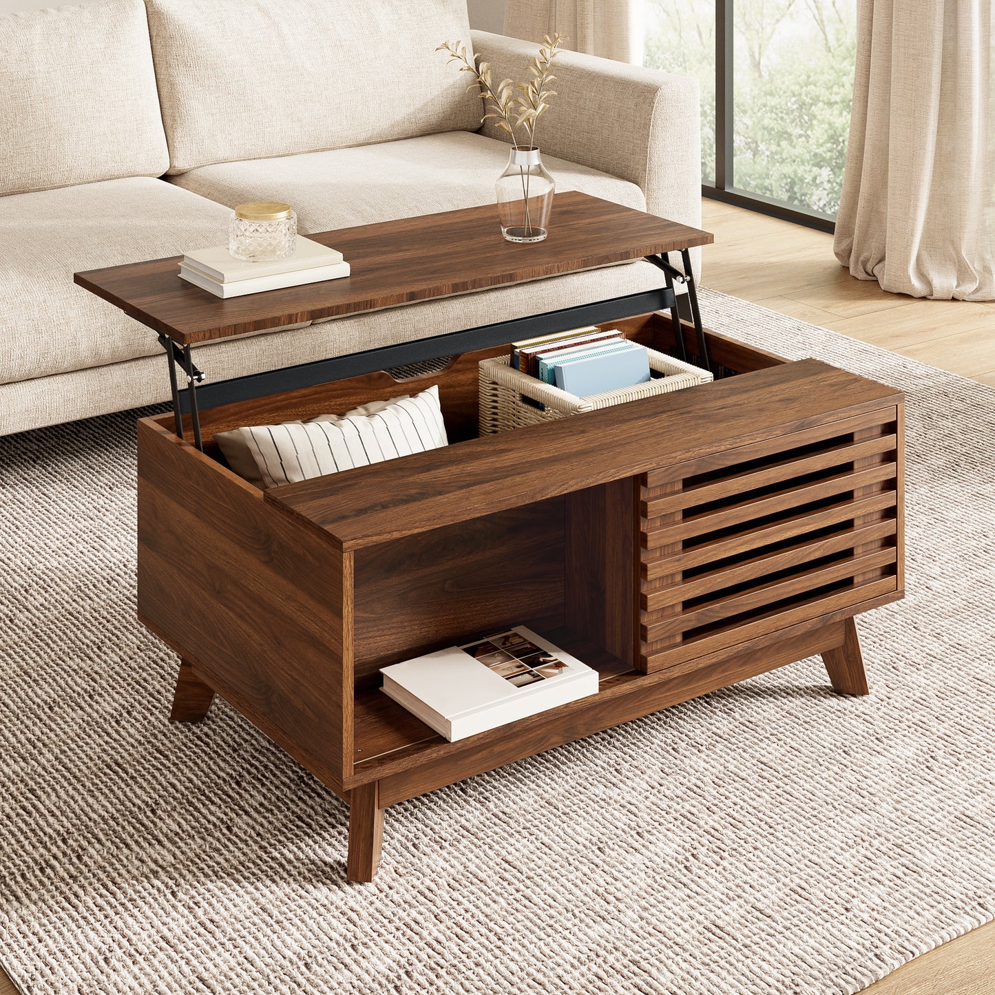 Modern Retro Coffee Table, Height-adjustable Table Top, Sliding Blind Door, Walnut Look, MDF Body, Multifunctional Living Room Table