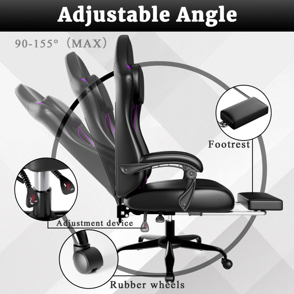 Ergonomic Gaming Chair, Video Game Chair With Pocket Spring Cushion And Footrest, Height Adjustable Computer Chair With Swivel Seat And Headrest Faux Leather, Purple