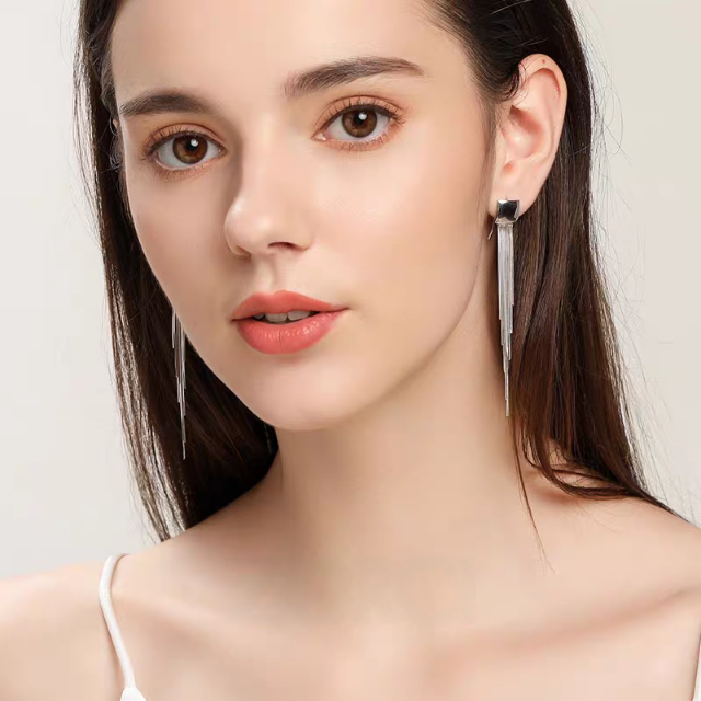 1 Pair 999 Sterling Silver Minimalist Square Long Tassel Earrings, Elegant & Slimming, Perfect For Daily, Party & Dating, Ideal Valentine's Gift