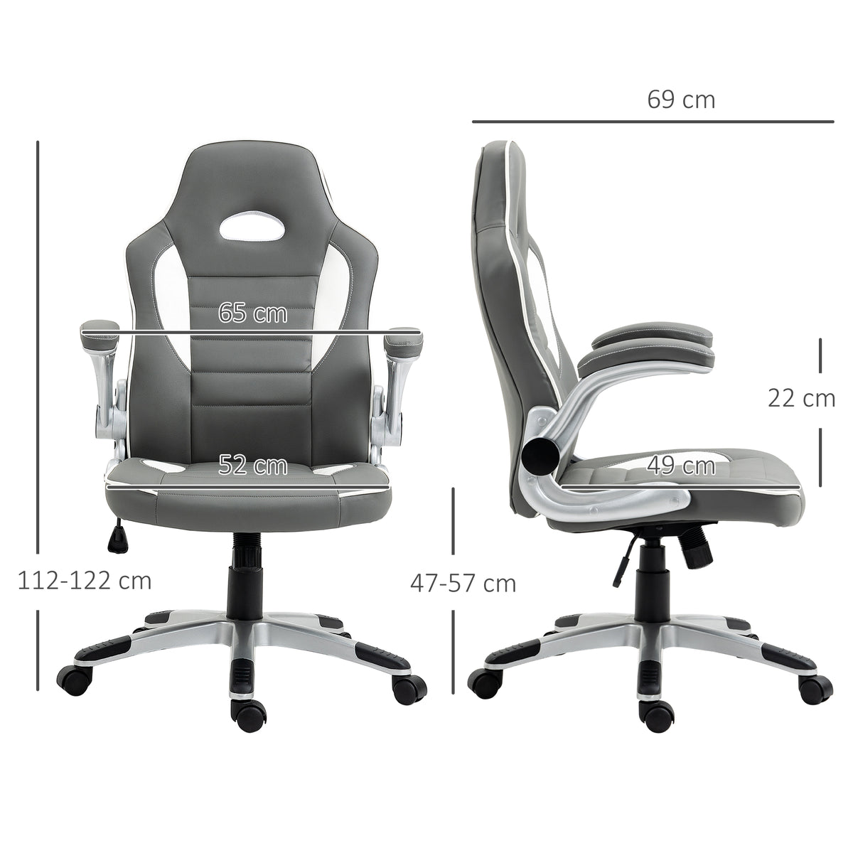 Vinsetto Computer Gaming Chair, Office Desk Swivel Chair, PU Leather Racing Chair With 90° Flip-up Armrest, Adjustable Height And Rolling Wheels, Grey