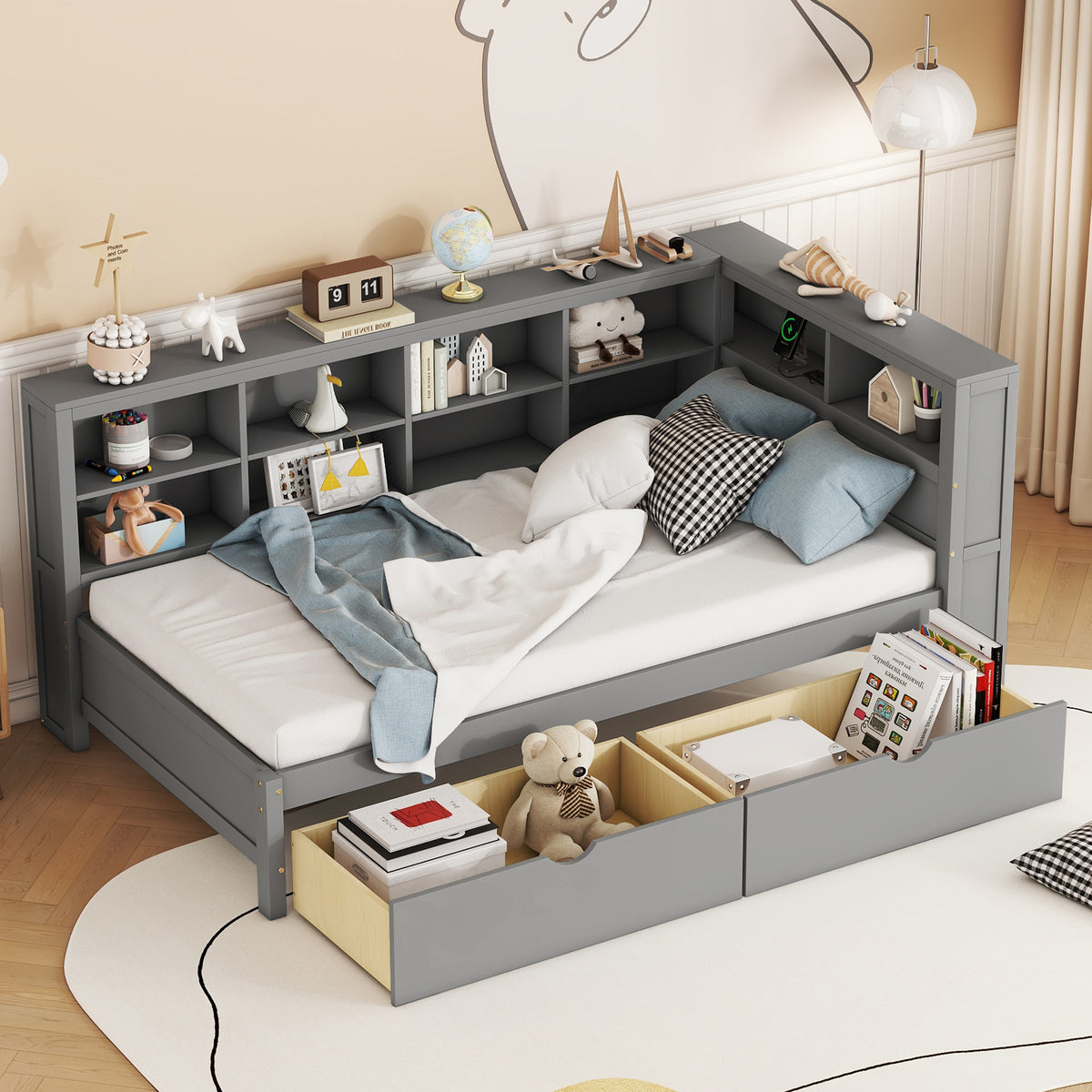 Wooden Twin Size DayBed With 2 Drawers, DayBed With Storage Shelf And USB Charging Ports,Grey OLD