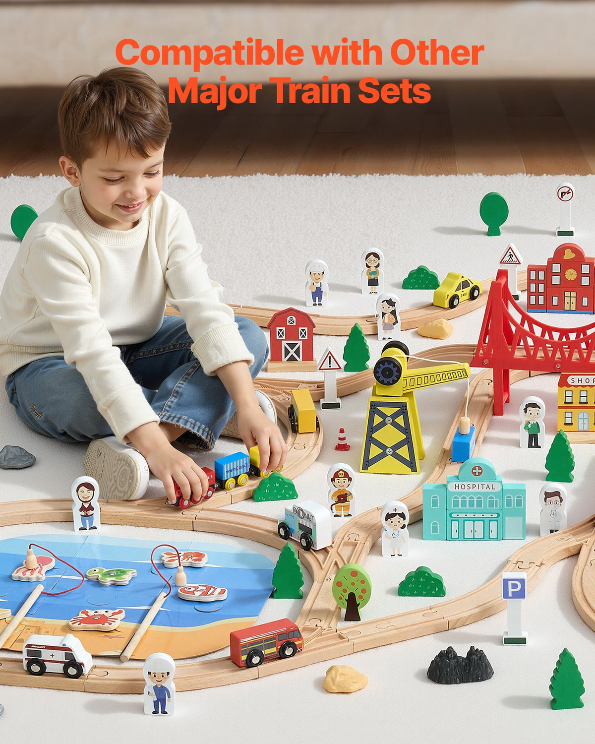 Wooden Train Set, 39PCS, Wood Train Track With Magnetic Trains And Railway Accessories, Compatible With Major Brands, Small Town, Christmas Birthday Toy For Kids Toddlers Ages 3-8 Boys And Girls