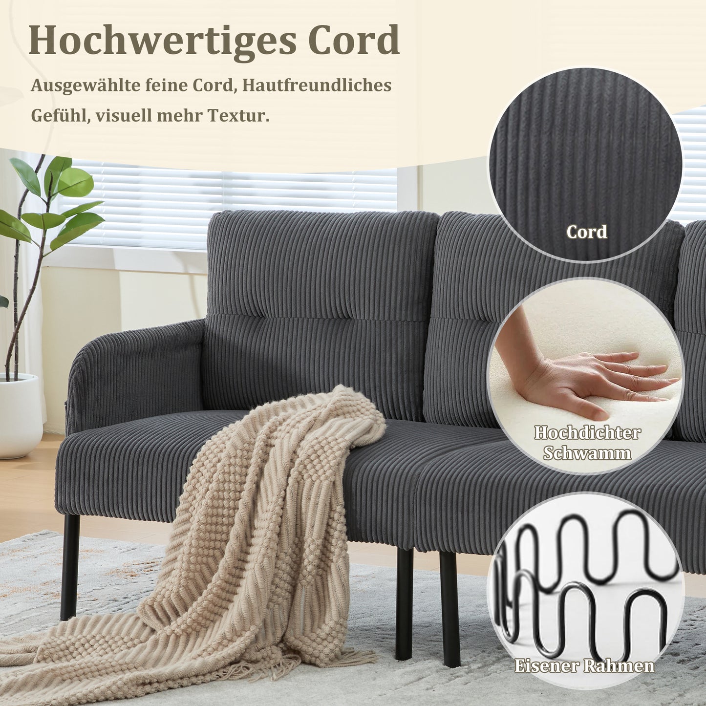 Corduroy Three-seater With Soft Comfort Upholstery, High Backrest And Practical Side Pockets. Sturdy Metal Feet And Sturdy Construction. Versatile For Living Room, Bedroom Or Home Office.