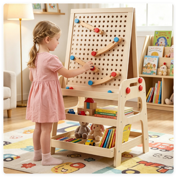 2-in-1 Wooden Kids Art Easel With Marble Run, Magnetic Whiteboard Standing Easel With Storage Shelves & Accessories For Kids 3-