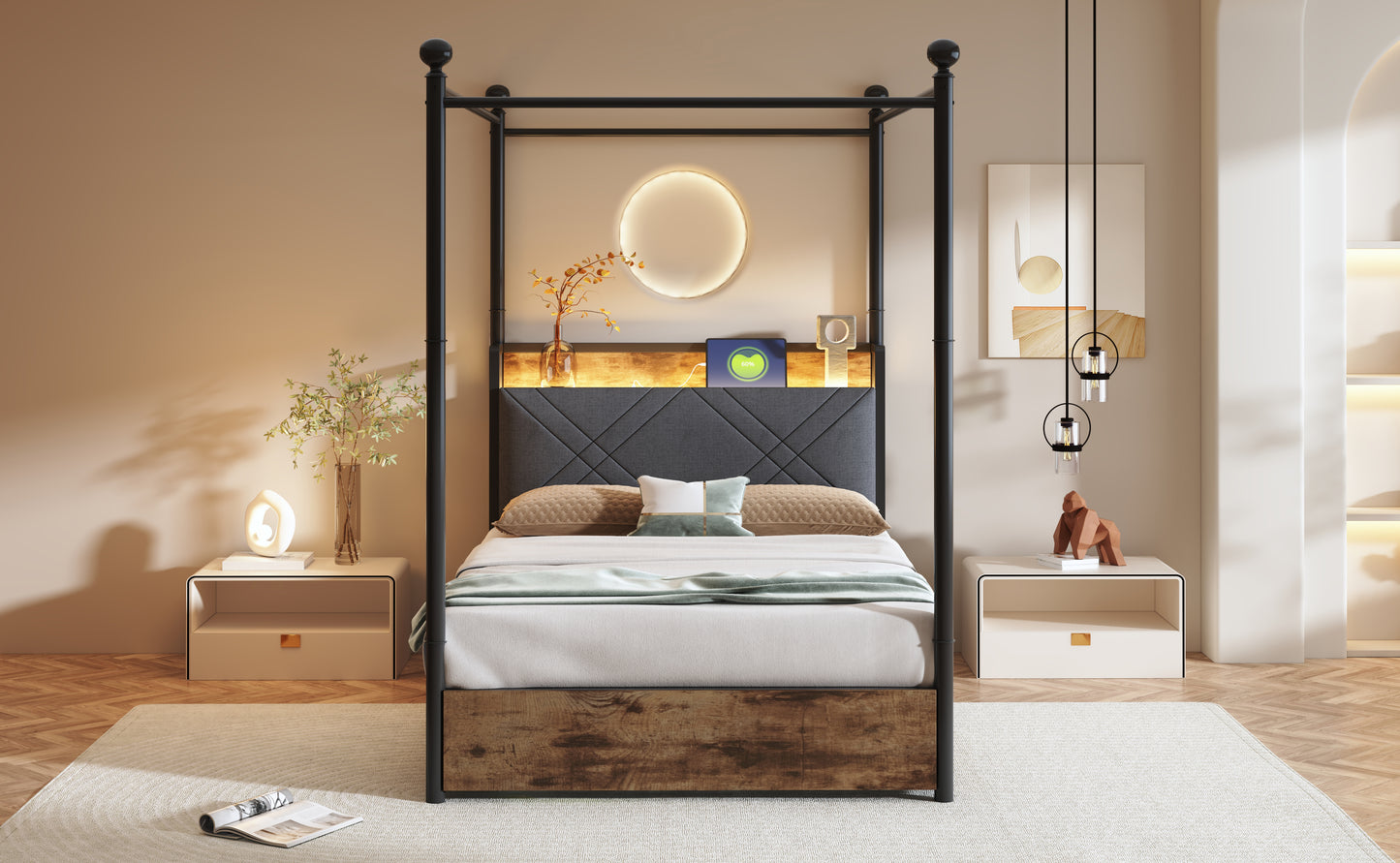 Multifunctional Bed 90 X 190 , With Storage Space And Wrought Iron Canopy,with Removable Bed Posts With LED And USB Type-C Charging Ports, As Well As Two Drawers, Iron Single Bed, Youth Bed.,