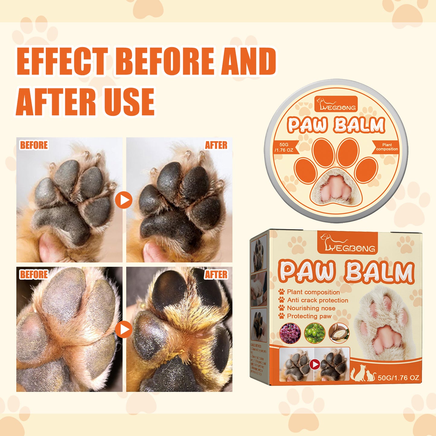 Yegbong Pet Moisturizing Paw Care Cream, Cats And Dogs Universal Moisturizing Feet Soles Meat Pad Cracked Care Cream