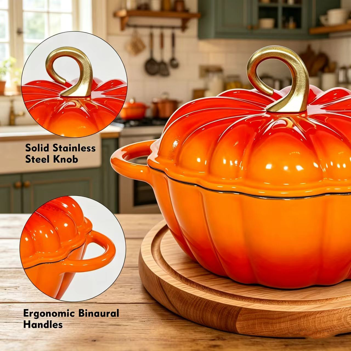 Pumpkin Enameled Cast Iron Dutch Oven With Lid, 4.5 QT Dual Handles And Heavy Duty Pot, Oven Safe Up To 500 For Bread Baking, Braising, Cooking And Family Gifts