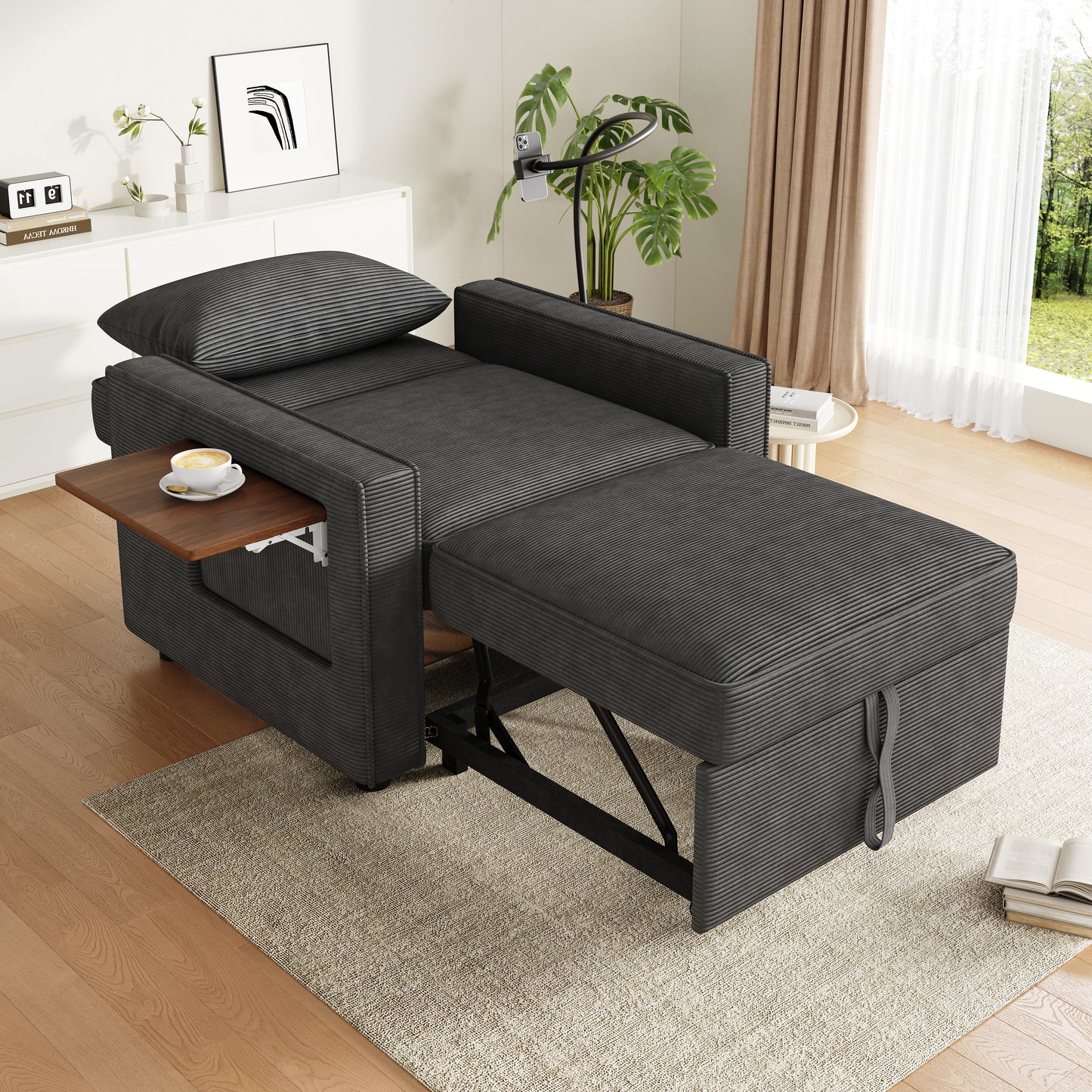 Multifunctional Foldable Sofa Bed With USB Charging Port And Mobile Phone Holder, 1 Seater Recliner Sofa Bed Convertible, Space Saving For Living Room And Bedroom, Corduroy Fabric, Gray