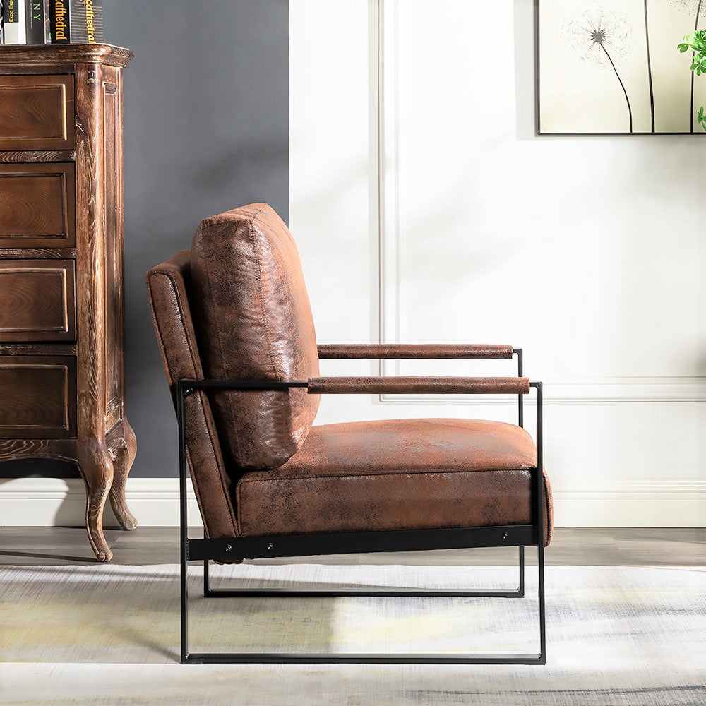 Classic Mid Century Modern Accent Chair With Durable Square Metal Frame, Armchair For Living Room, Bedroom, Home Office In Spotted Microfiber Upholstery, Brown