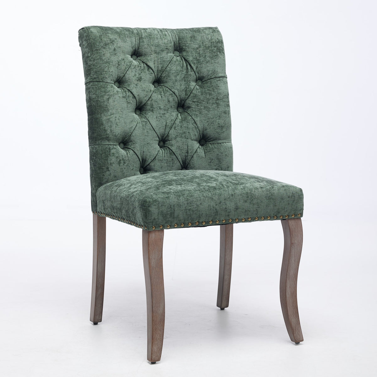 Upholstered Chenille Fabric Accent Dining Chair, Curved Solid Wood Legs, Elegant Tufted Club Dining Room Kitchen Room Dining Chair, Set Of 2,Olive Green,SW1894OL