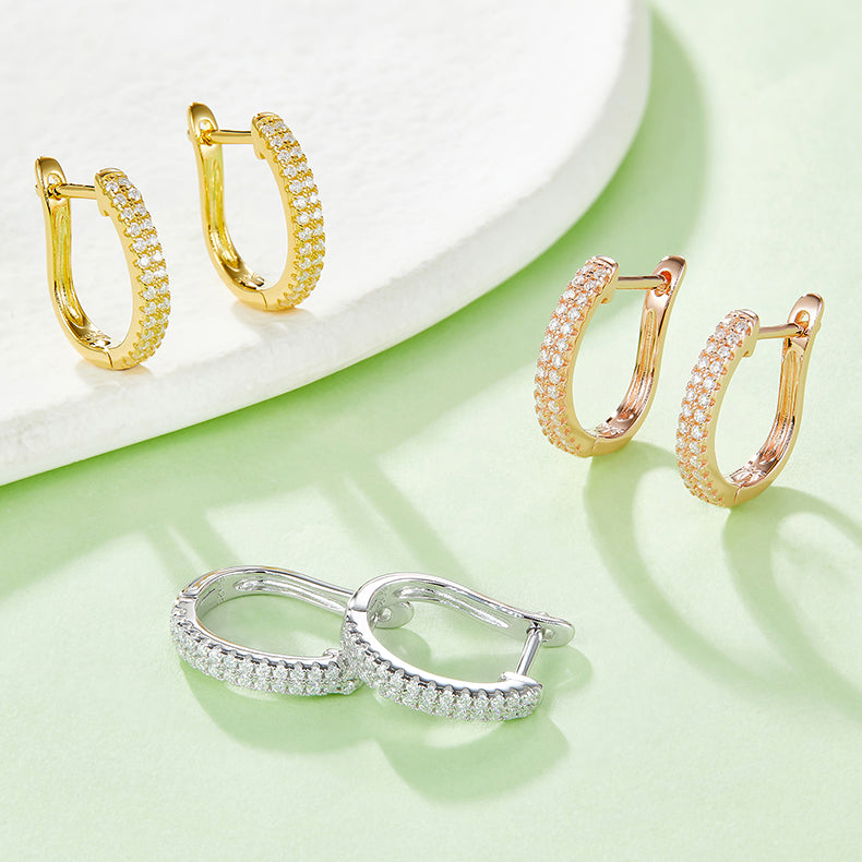 S925 Sterling Silver Moissanite Huggie Hoop Earrings Pave U Shaped Earrings With GRA Certificate Platinum Or Rose Gold Or Gold Plated Jewelry Gift Box Set For Women