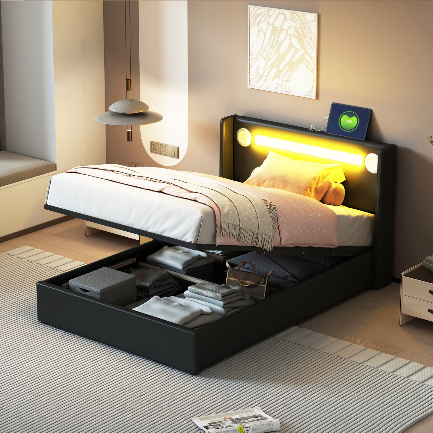 Upholstered Bed Cot 90x200 Bed With LED Light Strip, Bluetooth Player And USB Charging, PU Leather Storage Bed, Loft Bed Box, Youth Bed With Slatted Frame