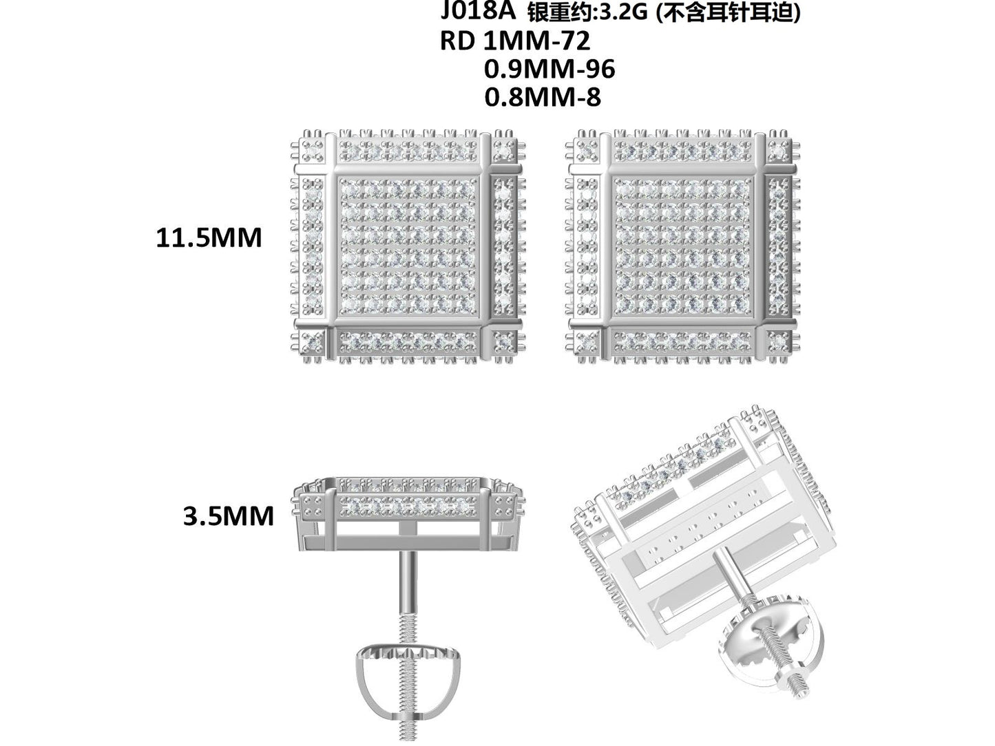 S925 Sterling Silver 176pcs D Color VVS1 Moissanite 3D Square Earrings 11.5mm Screw Back Hypoallergenic GRA Certified Gift Box