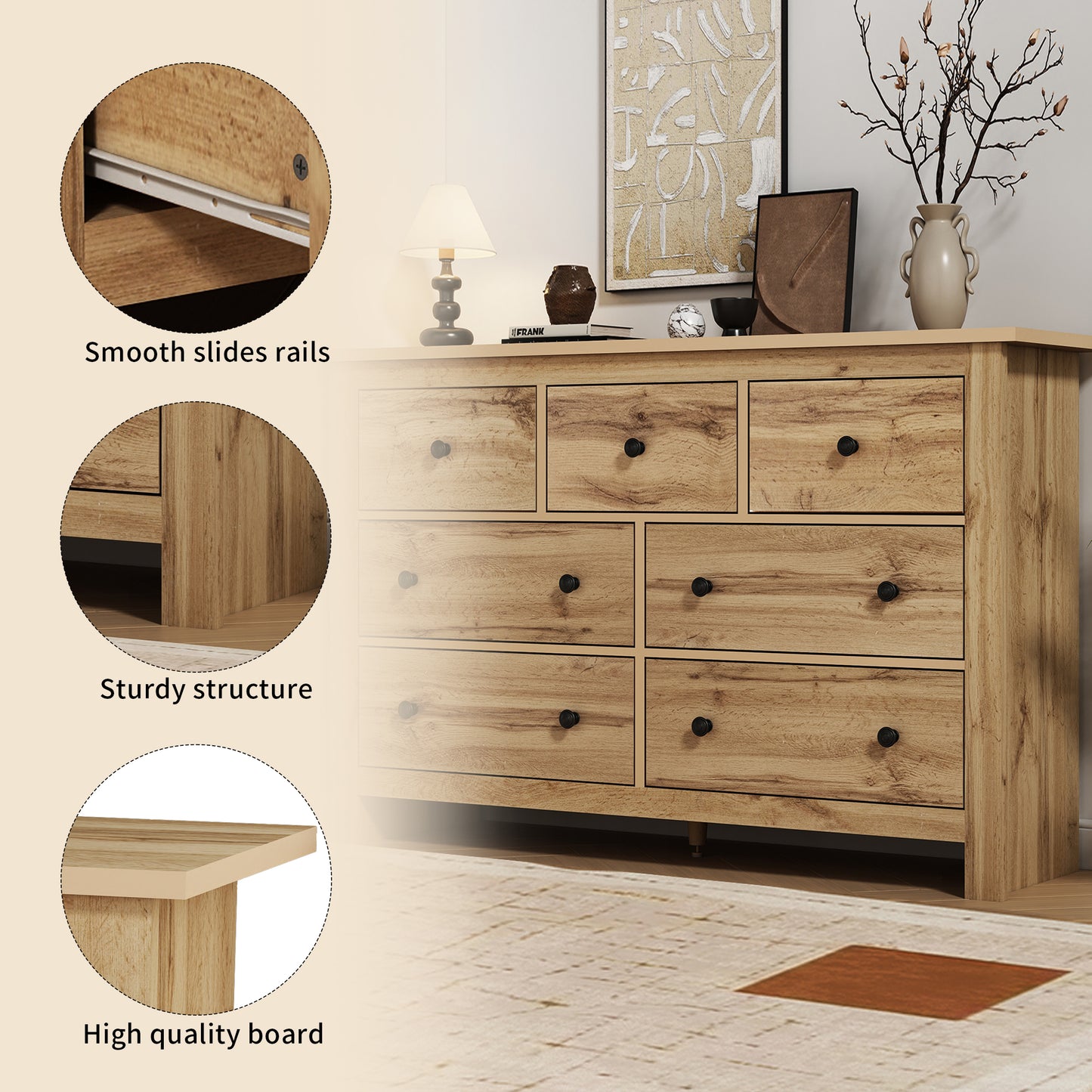 Modern Minimalist Dining Cabinet With Large Capacity, Buffet With Several Drawers, Original Wooden Coffee Bar Cabinet With 7 Drawers For Entrance, Kitchen, Dining Room And Living Room