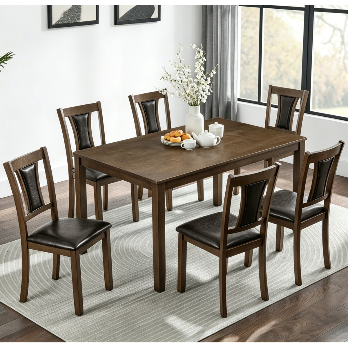 Modern 7-Piece Dining Table Set with 6 Upholstered Chairs, Wooden Rectangular Dining Table Set for 6 with Chairs, for Dining Room, Kitchen, Restaurant, Walnut