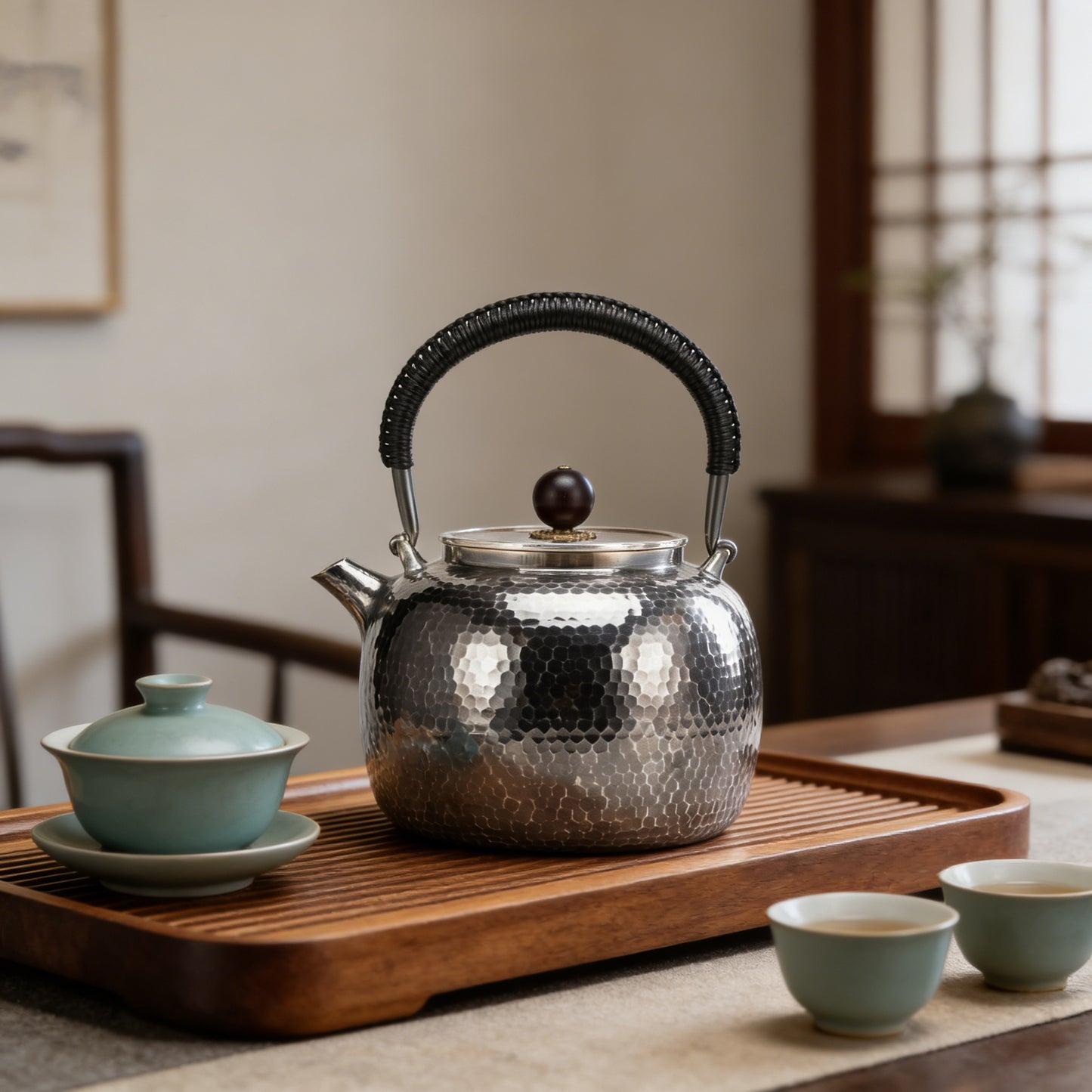 Pure 999 Fine Silver Elegant Handcrafted Hammered Silver Tea Kettle with Traditional Black Woven Handle - Handicraft