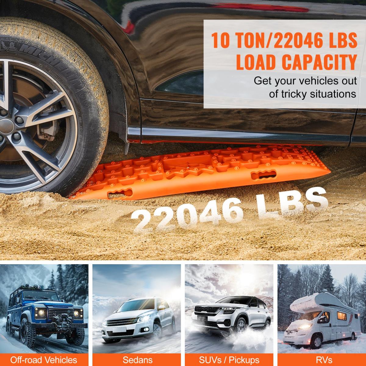 10 TON Traction Boards With PP Material, Recovery Boards For Off-road Vehicles/Cars/Pickups/SUVs/RVs, Pair Tire Traction Mats On Snow, Sand, Mud And Loose Terrain, Storage Bag, Long, Orange