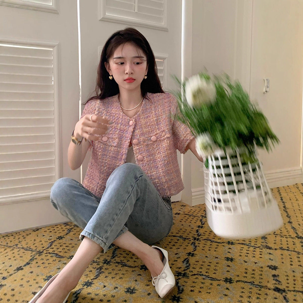 High-grade Round Neck Korean Gentle Short Sleeve Jacket