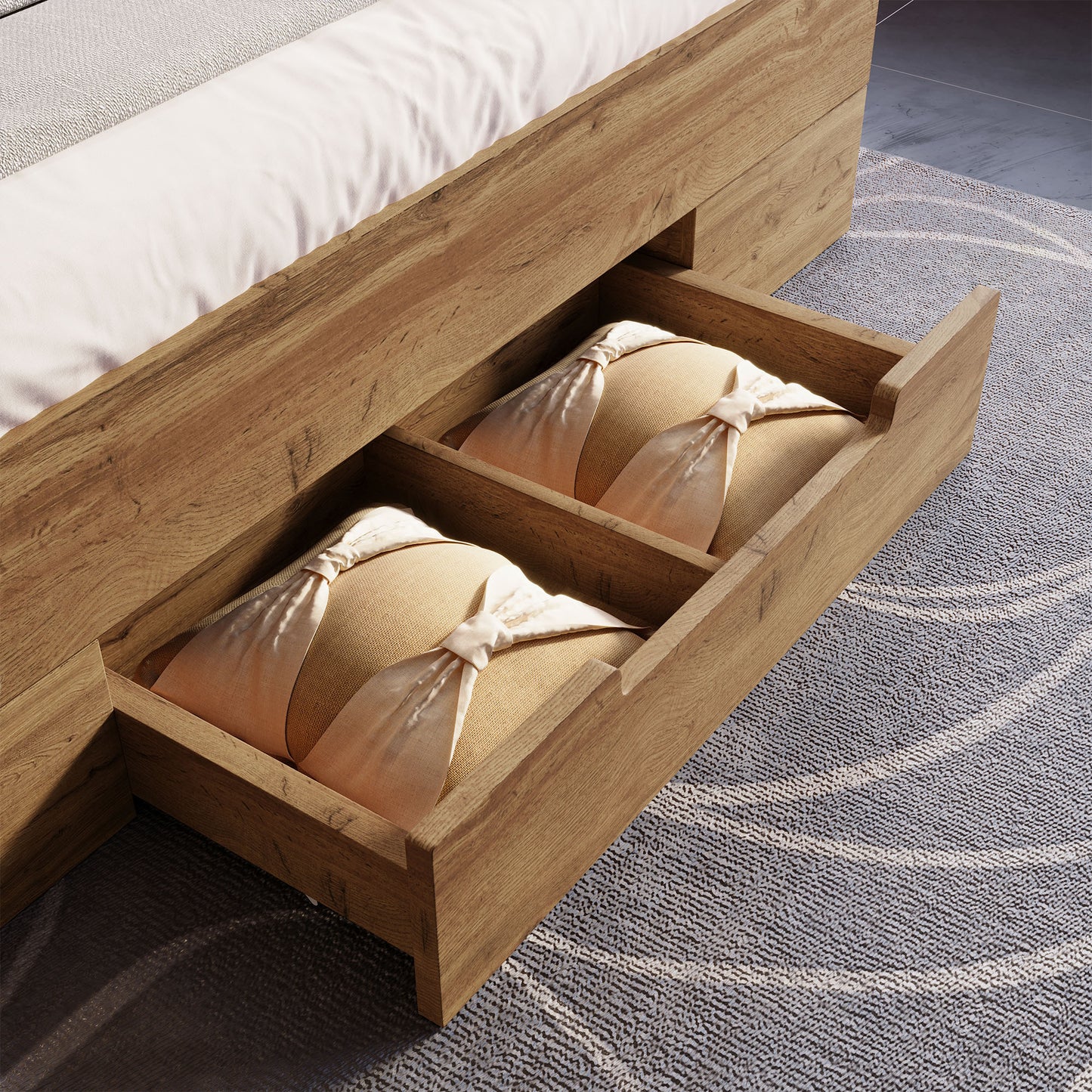 Double Bed Solid Wood Bed 180x200, Storage Bed Bed System With LED Lighting And USB C Storage Headboard And Drawers, Bed Frame Slatted Wood Frame, Oak Without Mattress